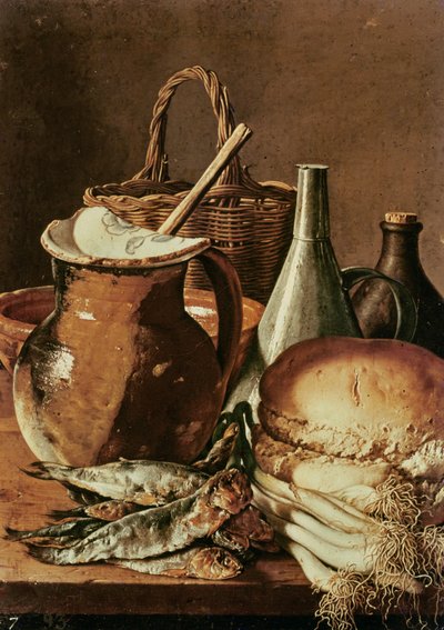 Still Life with bread, fishes and leeks by Luis Egidio Melendez